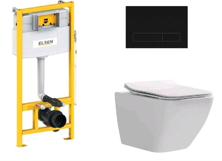 Комплект, ELSEN, E16, унитаз подвесной, шгв 360*530*365 + инсталляция + клавиша смыва, цвет унитаза-белый, цвет клавиши-черный матовый