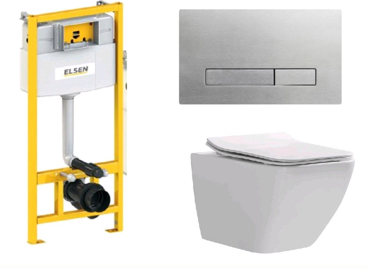 Комплект, ELSEN, E16, подвесной, шгв 360*530*365, цвет унитаза-белый, цвет сиденья-белый, цвет клавиши-сталь