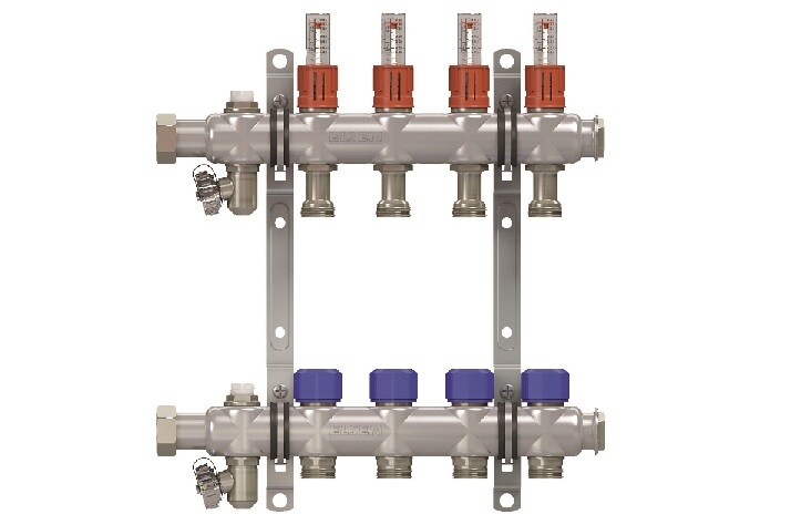 Коллекторная группа, 1", 8 контуров, размер отвода-3/4", с вентилями и расходомерами, нержавеющая сталь