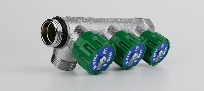 Коллектор модульный, 1", 4 контура, размер отвода-3/4" ЕК,  вентили под 90°, TIN латунь