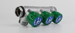 Коллектор модульный, 1", 3 контура, размер отвода-3/4" ЕК,  вентили под 90°, TIN латунь