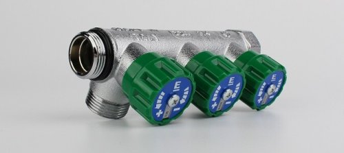 Коллектор модульный, 1", 3 контура, размер отвода-3/4" ЕК,  вентили под 90°, TIN латунь