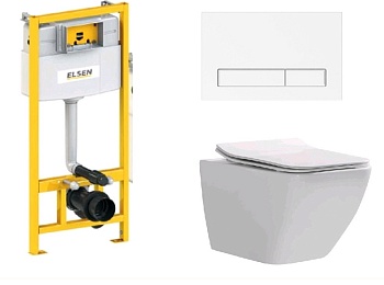 Комплект, ELSEN, E16, унитаз подвесной, шгв 360*530*365 + инсталляция + клавиша смыва, цвет унитаза-белый, цвет клавиши-белый