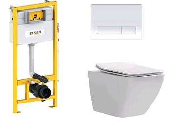 Комплект, ELSEN, E16, унитаз подвесной, шгв 360*530*365 + инсталляция + клавиша смыва, цвет унитаза-белый, цвет клавиши-хром