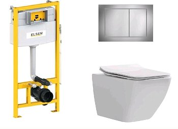 Комплект, ELSEN, E05, унитаз подвесной, шгв 360*530*365 + инсталляция + клавиша смыва, цвет унитаза-белый, цвет клавиши-хром