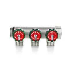 Коллектор модульный, 3/4", 3 контура, размер отвода-3/4" ЕК, вентили под 90°, TIN латунь