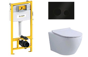 Комплект, ELSEN, E11, унитаз подвесной, шгв 360*530*360 + инсталляция + клавиша смыва, цвет унитаза-белый, цвет клавиши-черный матовый